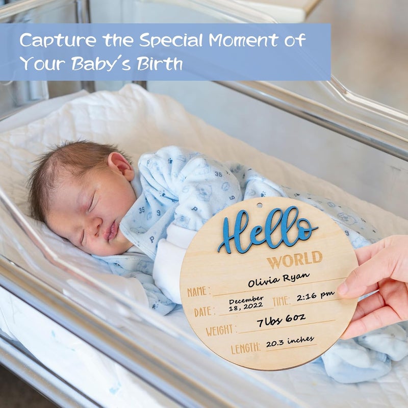 Giftacity Baby Hello World Announcement Sign: Wooden Blue Baby Newborn Signs for Hospital with Footprint - Birth Round Board for Welcome New Boy Nursery Gifts - Image 2